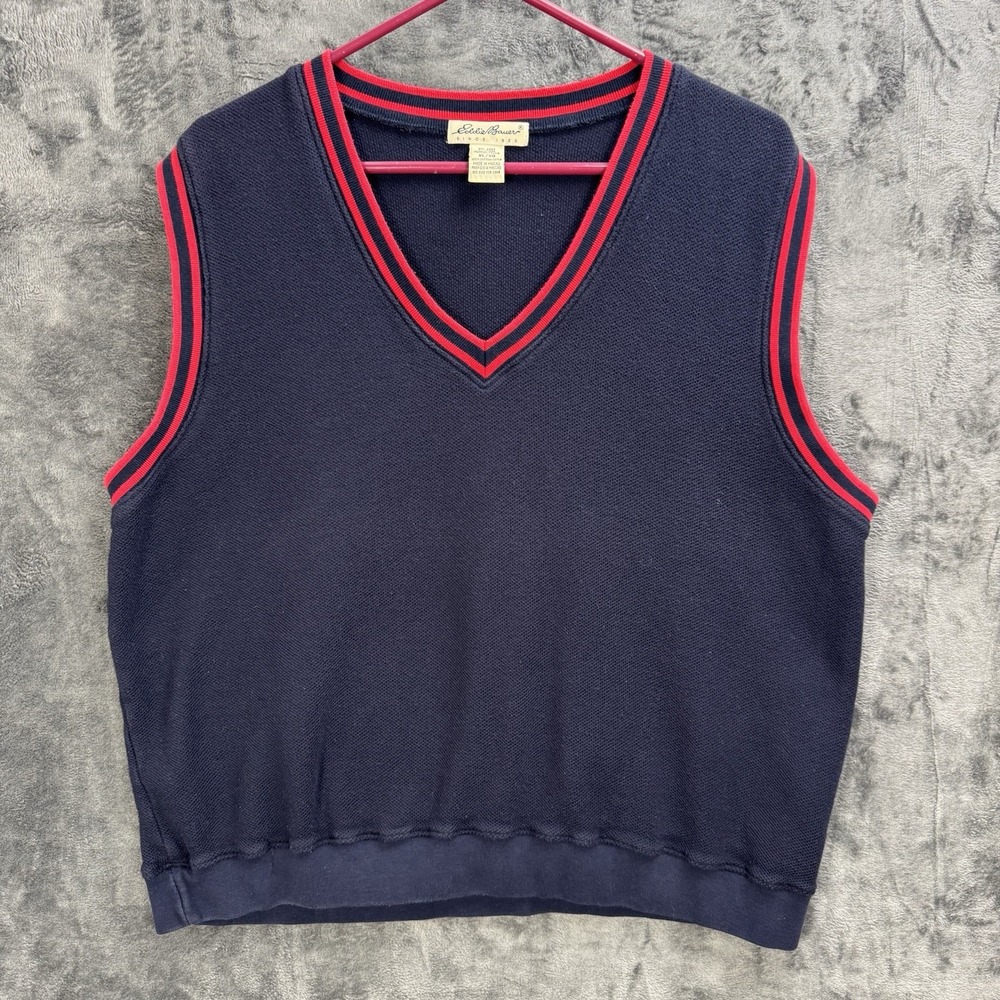 Eddie Bauer Navy Blue V-Neck Sweater Vest Womens XL Cotton Knit Striped Trim